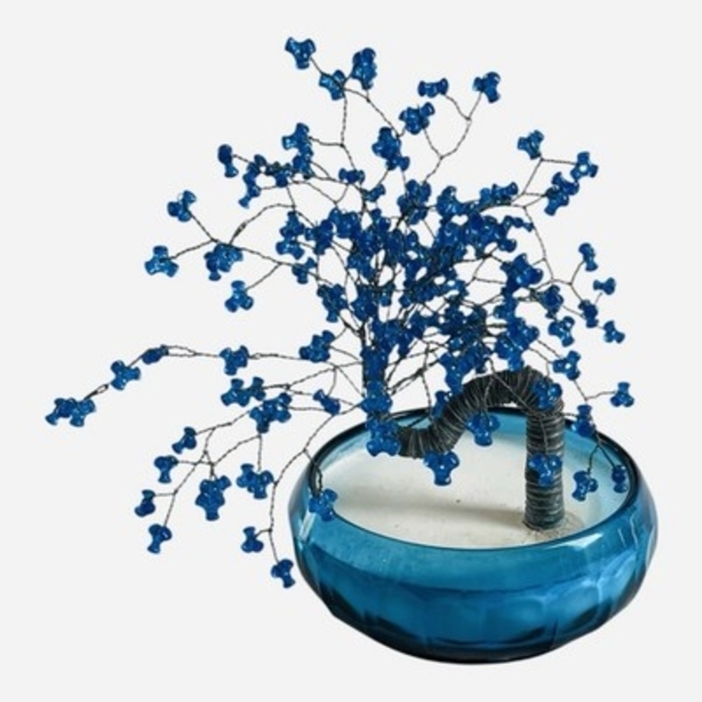 Handmade Blue Glass Bead Wire Bonsai Tree Sculpture Art Figurine VG